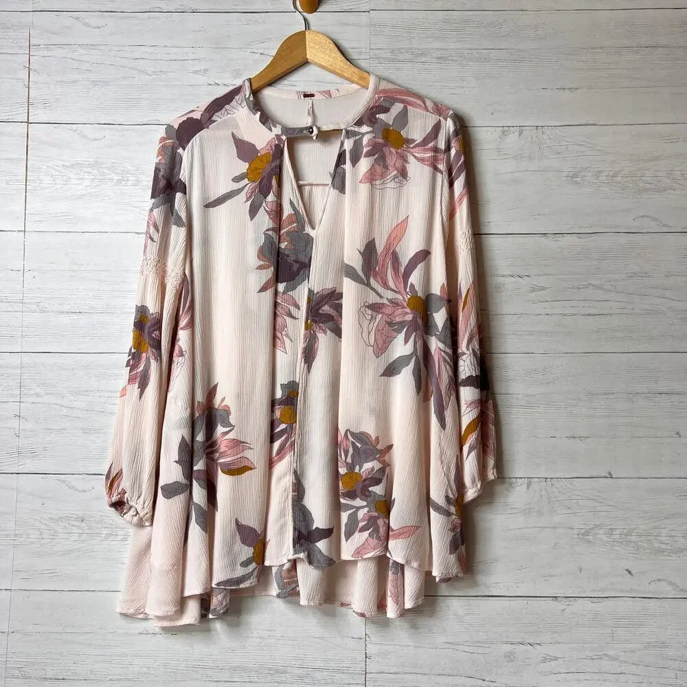 Free People Dress Womens Size XS Pink Floral Tree Swing Tunic Puff Sleeves